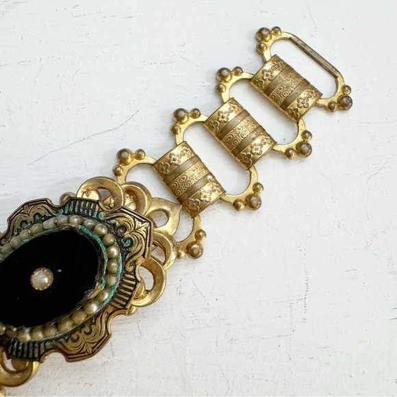 Vintage Art Deco Onyx Oval Seed Pearl Gold Tone Link Intricate Inlay Retro Gift - Picture 5 of 16